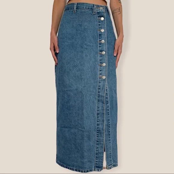 Vintage 90s Denim Maxi Skirt with Leg Slit - Picture 1 of 6